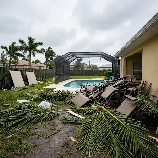 Alt Text: cape coral florida front yard covered in hurricane debris before professional storm cleanup service