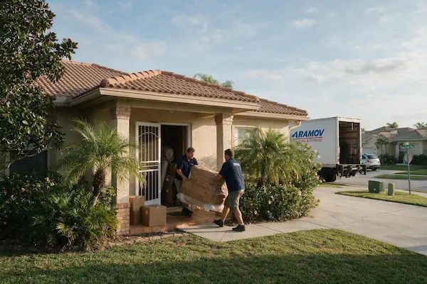 Alt Text: professional estate cleanout crew removing furniture and boxes from cape coral florida home same day service