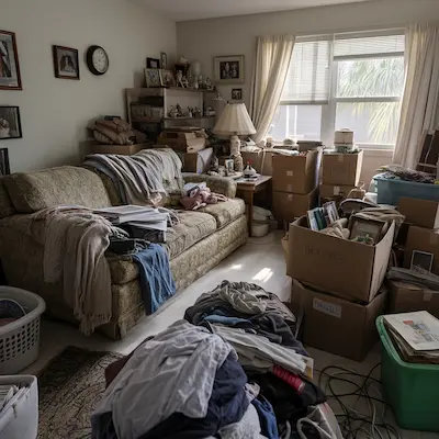 Alt Text: cluttered cape coral florida home filled with furniture and boxes before professional estate cleanout service