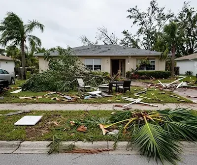 house front full of debris after hurricane in cape coral florida
