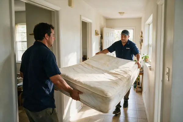 two crew members of junk removal team taking away old mattress